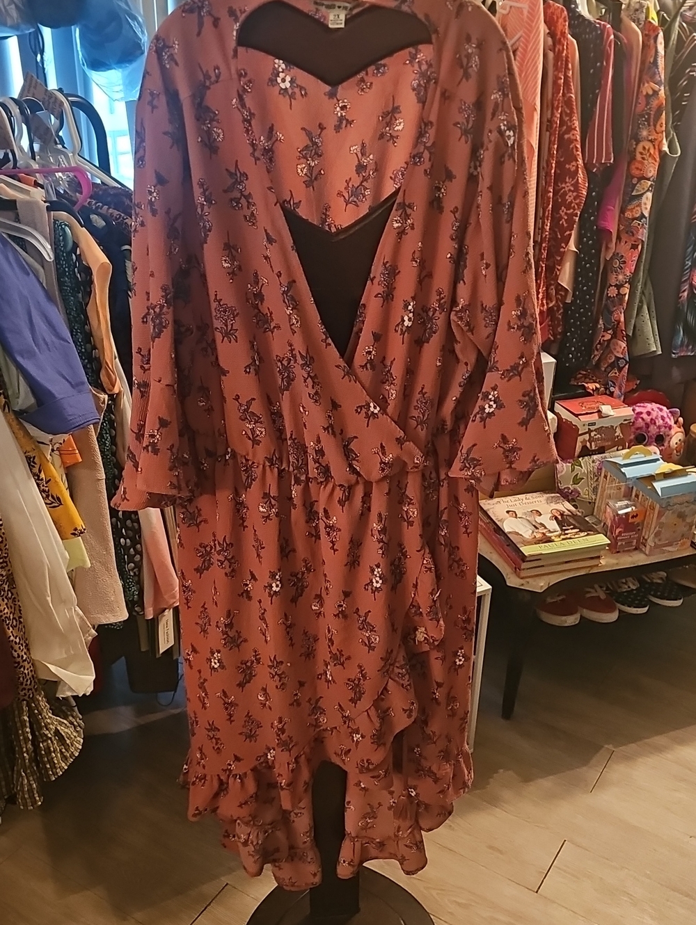 Inspired Hearts Rust Floral Wrap Midi Dress with Ruffle Hem